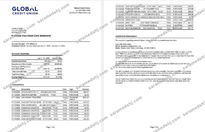 USA Alaska Global Credit Union bank statement, Word and PDF template, 2 pages